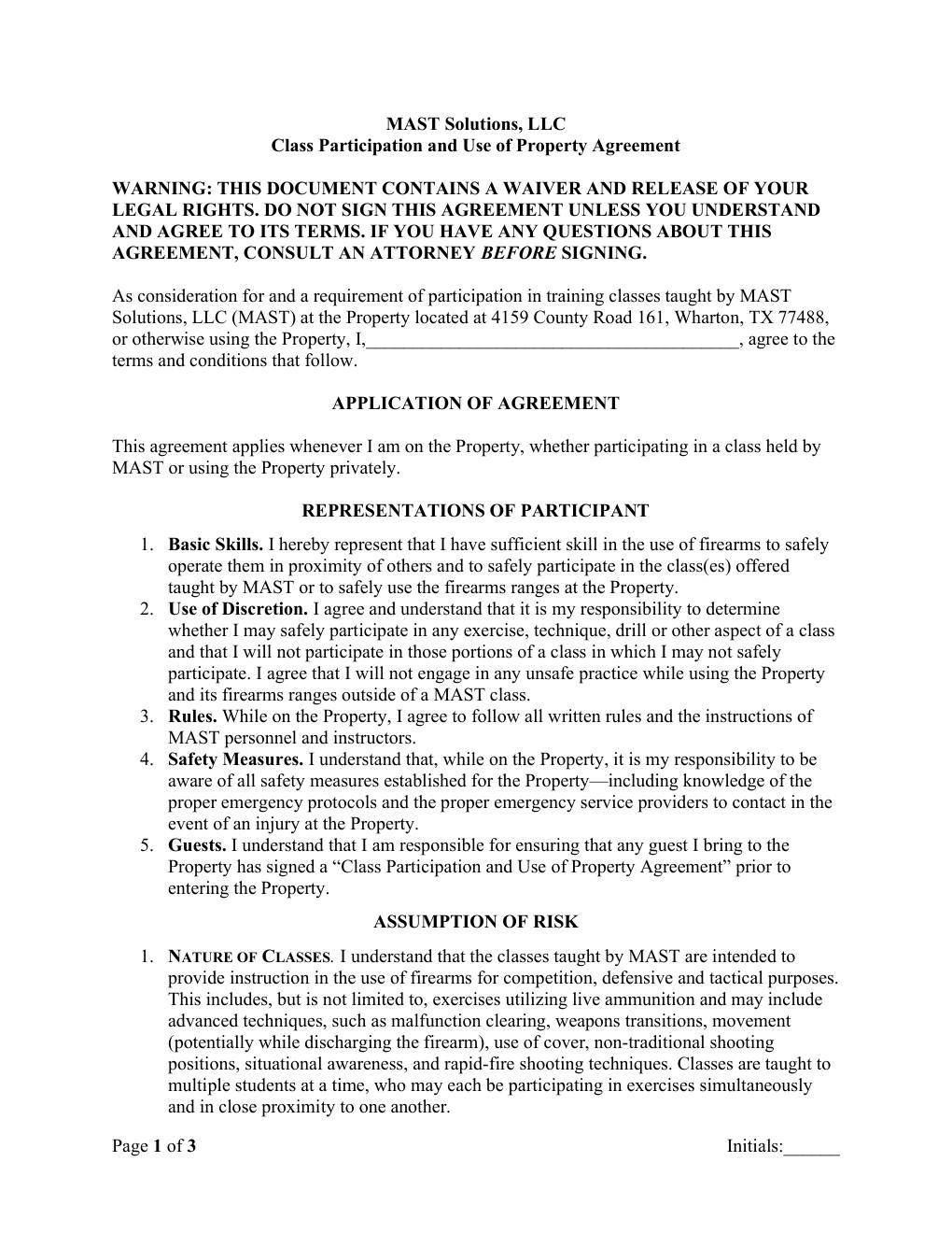 Class Participation and Use of Property Agreement, page 1 of 3